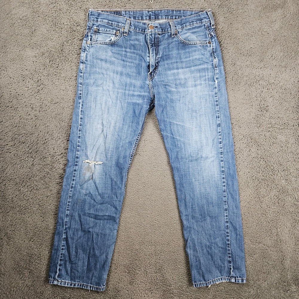 Levis 569 Mens Loose Straight Leg Jeans 34x32 Blue Medium Wash Distressed Denim